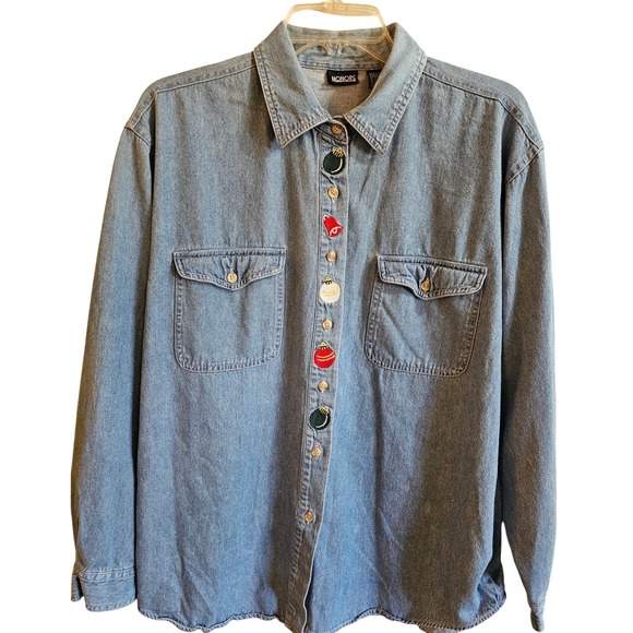 Honors Tops - Honors Vintage Women's Large Denim Christmas Ornament Embroidered Button Shirt‎